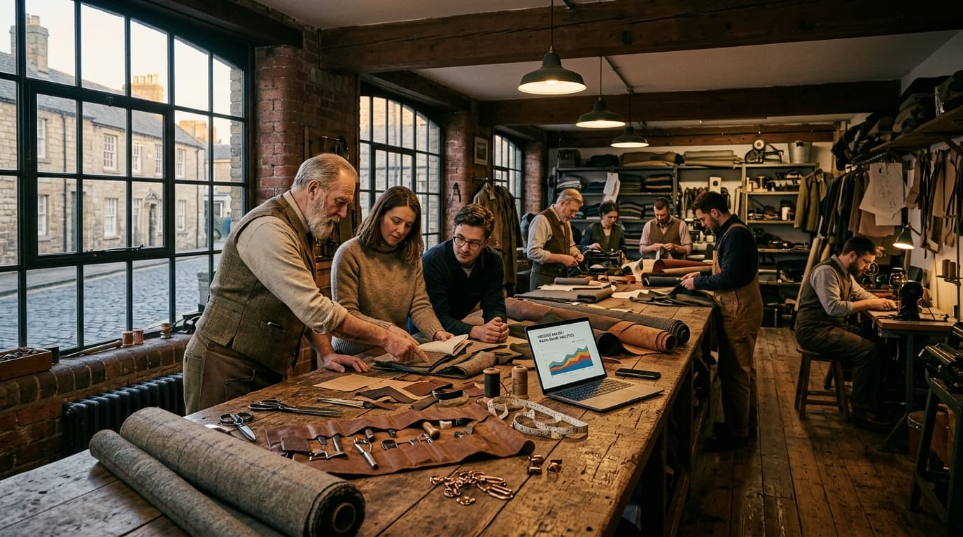 British heritage craftsman and digital guild specialist collaborating in a historic workshop