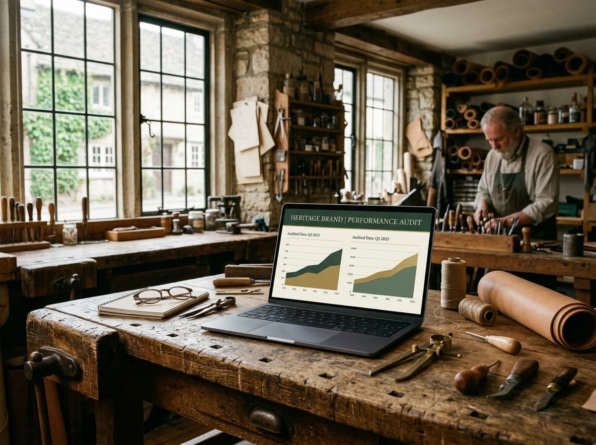 British artisan workbench with performance audit laptop